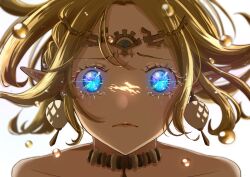 Rule 34 | 1girl, absurdres, bare shoulders, beads, blonde hair, blue eyes, braid, closed mouth, dappled sunlight, earrings, eyelashes, frown, highres, jewelry, looking at viewer, necklace, nintendo, pointy ears, portrait, princess zelda, ryosu127, short hair, side braid, simple background, solo, straight-on, sunlight, the legend of zelda, the legend of zelda: tears of the kingdom, tiara, white background, wide-eyed