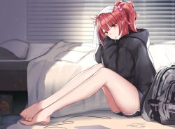 Rule 34 | 1girl, ahoge, backpack, bag, barefoot, bed, blush, book, candy, commentary request, dolphin shorts, eyes visible through hair, food, food in mouth, from side, girls&#039; frontline, hair ornament, hood, hoodie, legs together, lollipop, looking at viewer, mp7 (girls&#039; frontline), nail polish, pillow, ponytail, short shorts, shorts, signature, sitting, solo, thighs, towel, towel on head, twitter username, window blinds, yellow eyes, yp7 (vvy)