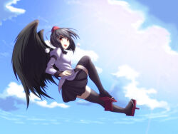 Rule 34 | 1girl, :d, bird wings, black hair, black skirt, black thighhighs, black wings, black wristband, breasts, cloud, cloudy sky, collared shirt, commentary request, day, feathered wings, flying, geta, hat, miniskirt, open mouth, opilio, outdoors, pleated skirt, pom pom (clothes), puffy short sleeves, puffy sleeves, red eyes, red footwear, red hat, shameimaru aya, shirt, short hair, short sleeves, skirt, sky, small breasts, smile, solo, tengu-geta, thighhighs, tokin hat, touhou, white shirt, wings, zettai ryouiki