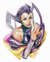 Rule 34 | 1990s (style), 1girl, antenna hair, bare shoulders, capcom, card, clothing cutout, daniel oduber, detached sleeves, dress, green eyes, hagoromo, hair slicked back, long hair, playing card, purple hair, realistic, retro artstyle, rose (street fighter), shawl, shoulder cutout, single hair intake, solo, street fighter, street fighter iv (series), street fighter zero (series), white background