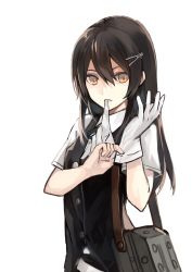 Rule 34 | 1girl, adjusting clothes, adjusting gloves, black hair, blush, brown eyes, commentary request, gloves, hair between eyes, hair ornament, hairclip, highres, kantai collection, long hair, looking at viewer, mouth hold, natsuyuki, oyashio (kancolle), school uniform, short sleeves, simple background, solo, vest, white background, white gloves