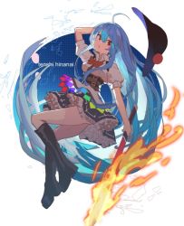 Rule 34 | 1girl, alternate costume, black footwear, black hat, blouse, blue hair, blue skirt, boots, bow, buttons, collared shirt, food, frilled skirt, frills, fruit, full body, hat, hinanawi tenshi, long hair, looking at viewer, open mouth, peach, puffy short sleeves, puffy sleeves, rainbow order, red eyes, shirt, shoes, short sleeves, simple background, skirt, solo, sword of hisou, touhou, very long hair, white background, white shirt, yoo (tabi no shiori)