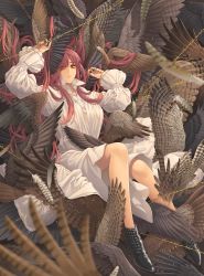 Rule 34 | 1girl, ankle boots, barbed wire, bird wings, black footwear, black wings, blurry, boots, breasts, brown wings, collared dress, commentary request, depth of field, dress, entangled, feathered wings, feathers, full body, hair flowing over, hair over one eye, hands up, head wings, highres, holding, leg wings, light particles, lipstick, long hair, long sleeves, looking at viewer, low wings, makeup, minami (minami373916), multiple wings, nail polish, nightgown, orange eyes, orange nails, original, parted lips, puffy long sleeves, puffy sleeves, red hair, sitting, sleeves past wrists, solo, too many, very long hair, white dress, wings