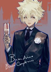 Rule 34 | 1boy, :d, alcohol, black jacket, black necktie, blonde hair, boutonniere, building, cezaria, champagne, champagne flute, cup, drinking glass, flower, formal, giotto (reborn), grey vest, hair between eyes, highres, holding, holding cup, italian text, jacket, katekyo hitman reborn!, lapels, looking at viewer, male focus, necktie, open mouth, orange background, orange eyes, rose, shawl lapels, shirt, short hair, smile, solo, spiked hair, upper body, vest, white flower, white rose, white shirt