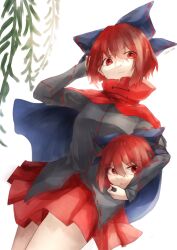 Rule 34 | 1girl, artist name, bare legs, black shirt, blue ribbon, cape, collared cape, hair ribbon, highres, holding, leaf, looking at viewer, medium hair, red cape, red eyes, red hair, red skirt, ribbon, sekibanki day, shee take, shirt, signature, skirt, solo, touhou, white background