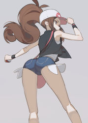Rule 34 | 1girl, arched back, arm up, armpits, ass, bare arms, bare shoulders, baseball cap, black jacket, blue shorts, brown hair, creatures (company), denim, denim shorts, exposed pocket, from behind, from below, game freak, grey background, hair through headwear, hand on headwear, hat, hilda (pokemon), jacket, long hair, looking away, micro shorts, midriff peek, nintendo, pink hat, pokemon, pokemon bw, ponytail, shirt, short shorts, shorts, simple background, sketch, sleeveless, sleeveless jacket, sleeveless shirt, solo, sweatband, thighs, timbougami, white hat, white shirt