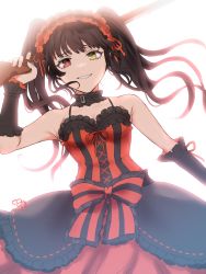 Rule 34 | 1girl, antique firearm, arm warmers, backlighting, bare shoulders, black choker, black hair, bloom, blunt bangs, choker, cowboy shot, date a live, dress, firearm, floating hair, frilled choker, frilled dress, frilled sleeves, frills, gothic lolita, grin, gun, hairband, heterochromia, highres, holding, holding gun, holding weapon, lolita fashion, lolita hairband, looking at viewer, mya (ma0ma0ma), over shoulder, red dress, red eyes, signature, smile, solo, tokisaki kurumi, twintails, vignetting, weapon, weapon over shoulder, white background, yellow eyes
