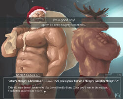 Rule 34 | 2boys, abs, bara, beard, belly, briefs, bulge, chest hair, christmas, crossed arms, dialogue box, dialogue options, english text, facial hair, feet out of frame, full beard, furry, furry male, hat, jockstrap, large pectorals, m7 (m7ishere), male focus, male pubic hair, male underwear, mature male, multiple boys, muscular, muscular male, mustache, navel, nipples, original, pectorals, pubic hair, red headwear, red male underwear, reindeer boy, santa claus, santa costume, santa hat, short hair, standing, stomach, strongman waist, subtitled, thick beard, thick eyebrows, thick mustache, thick thighs, thighs, topless male, underwear