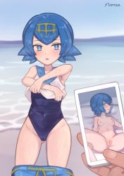 Rule 34 | 1girl, :o, absurdres, bad id, bare arms, blue eyes, blue hair, blue pants, blue sailor collar, blush, bright pupils, cameltoe, cleft of venus, clothes lift, clothes pull, covered navel, creatures (company), day, freckles, game freak, hairband, highres, holding, holding phone, lana (pokemon), lifted by self, looking at viewer, nintendo, norza, one-piece swimsuit, outdoors, pants, pants pull, phone, pokemon, pokemon sm, sailor collar, sand, shirt, shirt lift, shore, short hair, signature, sky, sleeveless, sleeveless shirt, swimsuit, swimsuit under clothes, undressing, water, wet, wet clothes, wet shirt, white pupils, white shirt, yellow hairband
