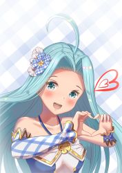 Rule 34 | 1girl, :d, absurdres, ahoge, asymmetrical sleeves, blue eyes, blue hair, blush, breasts, collarbone, detached sleeves, granblue fantasy, hair intakes, halterneck, head tilt, heart, heart hands, highres, long hair, long sleeves, looking at viewer, lyria (granblue fantasy), nail polish, open mouth, pink nails, plaid, plaid background, single sleeve, small breasts, smile, solo, uneven sleeves, upper body, very long hair, wanderlucia
