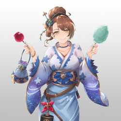 Rule 34 | 1girl, alternate costume, alternate hairstyle, bag, beatrix (granblue fantasy), blue kimono, blush, breasts, brown eyes, brown hair, candy apple, collarbone, commentary request, cotton candy, food, granblue fantasy, hair up, handbag, holding, holding food, japanese clothes, kimono, large breasts, looking at viewer, smile, solo, yukata, yuki7128