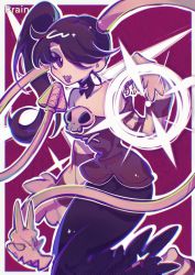 Rule 34 | 1girl, brain 1231, dress, hair over one eye, highres, leviathan (skullgirls), microphone, open mouth, purple background, purple hair, side ponytail, skullgirls, smile, solo, squigly (skullgirls), stitched mouth, stitches, striped sleeves, zoom (archer20594)