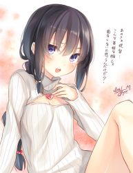 Rule 34 | 10s, 1girl, artist name, black hair, blush, cleavage cutout, clothing cutout, heart, heart-shaped lock, heart necklace, highres, jewelry, jpeg artifacts, kantai collection, kitakami (kancolle), lock, long hair, looking at viewer, meme attire, necklace, one-hour drawing challenge, open-chest sweater, open mouth, purple eyes, sidelocks, signature, solo, sweatdrop, sweater, toosaka asagi, translation request