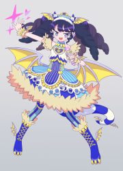Rule 34 | 1girl, :d, black hair, blue dress, blue footwear, boots, demon wings, dress, full body, fur-trimmed dress, fur trim, gaaruru (pripara), grey background, grey eyes, hairband, hands up, headphones, highres, holding, holding microphone, horn hairband, horns, idol clothes, knee boots, ku (residual666), legs apart, long hair, looking at viewer, low wings, microphone, open mouth, outstretched arm, paw shoes, pretty series, pripara, sidelocks, simple background, smile, solo, standing, striped horns, striped tail, tail, twintails, winged hairband, wings, wrist cuffs