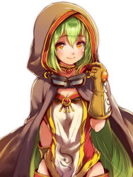 Rule 34 | 1girl, blush, breasts, brown eyes, cape, cleavage, gas welder (ole tower), gloves, goggles, goggles around neck, green hair, hood, long hair, looking at viewer, mataichi mataro, ole tower, simple background, small breasts, smile, solo, white background