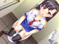 Rule 34 | 1girl, black hair, black thighhighs, blue skirt, blush, breasts, censored, covered erect nipples, daini ongakushitsu he youkoso!!, dutch angle, game cg, hands on own thighs, highres, indoors, knees together feet apart, long hair, looking at viewer, mole, mole under mouth, mosaic censoring, ookouchi sayaka, open mouth, panties, panty pull, peeing, pussy, red eyes, school uniform, shirt, shoes, sitting, skirt, solo, take shinobu, thighhighs, tile floor, tiles, toilet, toilet paper, toilet stall, toilet use, underwear, white shirt