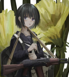 1girl ak-47 assault_rifle attamaf866 backpack bag black_hair black_serafuku black_shirt bob_cut floral_background flower gun highres holding holding_flower kalashnikov_rifle long_sleeves neckerchief open_mouth original purple_eyes rifle sailor_collar school_uniform serafuku shirt skirt solo strap weapon white_neckerchief