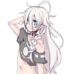Rule 34 | 1girl, bare shoulders, black shirt, blue eyes, breasts, cevio, commentary, crop top, hair between eyes, hand in own hair, hand up, ia (vocaloid), long hair, looking at viewer, midriff, miri (miri 1m), navel, off-shoulder shirt, off shoulder, shirt, silver hair, small breasts, solo, underboob, upper body, very long hair, vocaloid, white background