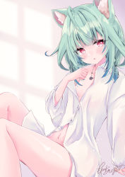 Rule 34 | 1girl, :o, ahoge, animal ear fluff, animal ears, blue hair, blush, cat ears, clenched hand, collared shirt, dress shirt, flower, flower necklace, gradient hair, green hair, hololive, jewelry, long sleeves, looking at viewer, low twintails, medium hair, moizumi shipon, multicolored hair, naked shirt, necklace, no bra, no pants, partially unbuttoned, red eyes, shirt, short twintails, signature, sitting, sleeves rolled up, solo, twintails, uruha rushia, virtual youtuber, white shirt