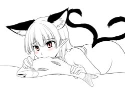 Rule 34 | 1girl, animal ears, bad id, bad pixiv id, cat ears, cat tail, fish, isaki (gomi), kaenbyou rin, multiple tails, nude, pointy ears, red eyes, sexually suggestive, spot color, tail, touhou