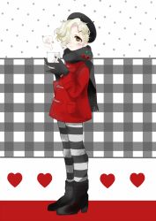 Rule 34 | 10s, 1boy, black gloves, blonde hair, boots, checkered background, coat, cup, full body, gloves, gokotai, hair over one eye, hat, heart, male focus, michelle (ooo-anteat), mug, personification, scarf, smile, solo, steam, toggles, touken ranbu, yellow eyes
