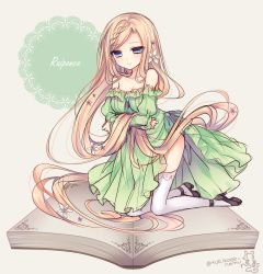 Rule 34 | 1girl, absurdly long hair, absurdres, artist name, blonde hair, blue eyes, book, braid, copyright name, dress, french text, full body, grimm&#039;s fairy tales, highres, long hair, open book, rapunzel, rapunzel (grimm), signature, solo, strapless, strapless dress, thighhighs, tsukikage nemu, twitter username, very long hair