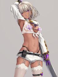 Rule 34 | 1girl, absurdres, arm behind head, arm up, armpits, belt, belt pouch, black belt, blunt bangs, bra, breasts, cleavage, commentary request, cowboy shot, dark-skinned female, dark skin, grey background, grey hair, hair ornament, hairclip, highleg, highleg panties, highres, holding, holding sword, holding weapon, leather belt, long sleeves, mechanical arms, medium breasts, medium hair, micro bra, midriff, navel, original, panties, pouch, purple bra, purple eyes, see-through, short shorts, shorts, shrug (clothing), simple background, single mechanical arm, skindentation, solo, stomach, sword, takekawa shin, thigh strap, thighhighs, underwear, weapon, white shorts, white thighhighs