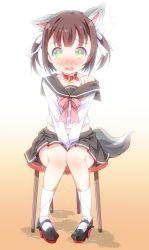 Rule 34 | 1girl, animal ears, azur lane, bad id, bad twitter id, between legs, black footwear, black skirt, blush, bow, bowtie, bra, bra strap, brown hair, cat ears, chair, collar, collarbone, dog tail, embarrassed, female focus, flying sweatdrops, full body, gradient background, green eyes, hair ribbon, hand between legs, have to pee, high heels, jpeg artifacts, kneehighs, knees together feet apart, long sleeves, looking at viewer, midriff, miniskirt, navel, nose blush, off shoulder, open mouth, own hands together, pee, peeing, peeing self, pigeon-toed, pink bow, pink bowtie, platform footwear, pleated skirt, puddle, ratryu, ribbon, school uniform, serafuku, shiratsuyu (azur lane), shirt, shoes, short hair, short twintails, simple background, sitting, skirt, socks, solo, straight-on, tail, tears, twintails, two side up, underwear, v arms, wet, wet clothes, white bra, white ribbon, white shirt, white socks