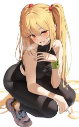 Rule 34 | 1girl, ass, bare shoulders, black shirt, blonde hair, blush, breasts, cleavage, collarbone, commentary, hair bobbles, hair ornament, highres, k pring, large breasts, long hair, looking at viewer, original, pants, red eyes, sayuri (k pring), shirt, smile, solo, symbol-only commentary, twintails, yoga pants