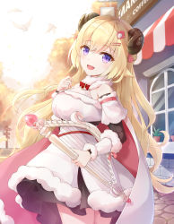Rule 34 | 1girl, ahoge, animal ears, bird, black skirt, blonde hair, blush, bow, bowtie, breasts, brooch, building, cape, curled horns, detached sleeves, dress, fanny pack, fur-trimmed cape, fur-trimmed sleeves, fur collar, fur trim, hair ornament, hairclip, harp, highres, holding, holding instrument, hololive, horns, instrument, jewelry, kebin no shio amaou, large breasts, long hair, long sleeves, looking at viewer, miniskirt, open mouth, outdoors, pink cape, plant, potted plant, purple eyes, red bow, road, sheep ears, sheep girl, sheep horns, short dress, signpost, skirt, sky, solo, tree, tsunomaki watame, tsunomaki watame (1st costume), very long hair, virtual youtuber, white dress, white sky, window, windowsill