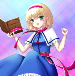 Rule 34 | 1girl, :d, alice margatroid, blonde hair, blue eyes, book, bow, capelet, dress, female focus, grimoire, grimoire of alice, hair bow, hair ribbon, hairband, open mouth, ribbon, sash, short hair, sitting, smile, solo, touhou