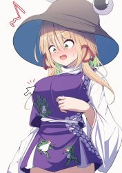 Rule 34 | 1girl, :o, @ @, ^^^, absurdres, animal print, blonde hair, blush, breasts, brown hat, colored inner hair, constricted pupils, cursor, darumoon, frog, frog print, green hair, hair ornament, hair ribbon, hat, highres, large breasts, long hair, long sleeves, looking down, moriya suwako, multicolored hair, nose blush, notice lines, open mouth, parted bangs, purple skirt, purple vest, red ribbon, ribbon, shirt, simple background, skirt, skirt set, solo, sweatdrop, touhou, turtleneck, vest, white background, white shirt, wide sleeves, yellow eyes