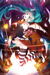 Rule 34 | 1girl, absurdly long hair, aqua eyes, aqua hair, demon wings, halloween, hatsune miku, highres, jack-o&#039;-lantern, jumping, long hair, open mouth, phino, skirt, solo, striped clothes, striped thighhighs, thighhighs, twintails, very long hair, vocaloid, wand, wings