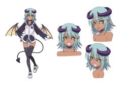 Rule 34 | 10s, 1girl, black sclera, blue hair, collarbone, colored sclera, concept art, dark skin, demon girl, demon horns, demon tail, demon wings, expressions, facial expressions, fang, flat chest, full body, green eyes, grin, hand on own hip, hood, hoodie, horns, lilith (monster musume), long sleeves, monster girl, monster musume no iru nichijou, multiple views, official art, pointy ears, shoes, simple background, slit pupils, smile, tail, thighhighs, white background, wings