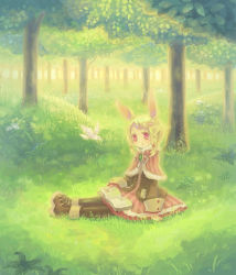 Rule 34 | animal, animal ears, bad id, bad pixiv id, bird, blonde hair, book, braid, forest, inase, nature, rabbit ears, red eyes, sitting, solo, tree, twin braids