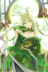 Rule 34 | 1girl, antlers, bird, breasts, cleavage, clover print, comiket, comiket 103, eurasian tree sparrow, floral print, green eyes, green hair, green kimono, green nails, hand fan, highres, holding, holding fan, horns, japanese clothes, kimono, medium breasts, obi, off shoulder, original, rangu, sash, sideways glance, smile, solo, sparrow, tree, veil, wide sleeves