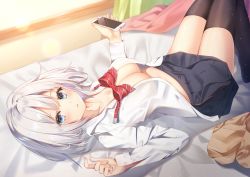 Rule 34 | 1girl, absurdres, bed, bed sheet, black skirt, black thighhighs, blanket, blue eyes, bowtie, breasts, cardigan, cellphone, cleavage, collarbone, collared shirt, commentary request, curtains, highres, holding, holding phone, indoors, long sleeves, looking at viewer, lying, medium breasts, nagi aoi, no bra, on back, on bed, open clothes, open shirt, original, parted lips, phone, pleated skirt, red neckwear, school uniform, shirt, short hair, skirt, smartphone, solo, thighhighs, undone bowtie, uniform, unworn cardigan, white hair, white shirt, window
