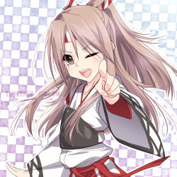 Rule 34 | 1girl, artist name, brown eyes, checkered background, hachimaki, headband, inaba shiki, japanese clothes, kantai collection, light brown hair, muneate, one eye closed, open mouth, outline, pointing, pointing at viewer, ponytail, round teeth, smile, solo, teeth, upper body, watermark, zuihou (kancolle)