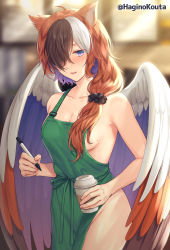 Rule 34 | 1girl, apron, bare arms, bare shoulders, black hair, black scrunchie, blurry, blurry background, blush, breasts, brown hair, brown wings, cleavage, coffee cup, commission, cup, depth of field, disposable cup, feathered wings, green apron, groin, hagino kouta, hair ornament, hair over one eye, hair over shoulder, hair scrunchie, holding, holding cup, holding pen, indoors, long hair, medium breasts, multicolored hair, naked apron, original, parted lips, pen, purple eyes, scrunchie, skeb commission, solo, twitter username, two-tone hair, white hair, white wings, wings