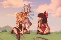 Rule 34 | 3girls, ^ ^, ankle boots, bandages, bandaged arm, bandages, black dress, blonde hair, blue bow, blue hair, boots, bow, bracelet, braid, brown hair, head rest, cirno, closed eyes, cloud, collared shirt, cross-laced footwear, detached sleeves, dress, closed eyes, frilled skirt, frills, gohei, grass, grin, hakurei reimu, happy, hill, ice, ice wings, indian style, jewelry, kirisame marisa, lace-up boots, linmiee, long hair, looking at another, lovestruck, messy hair, motherly, multiple girls, outdoors, playing with another&#039;s hair, red shirt, red skirt, shirt, short hair, short sleeves, side braid, single braid, sitting, on ground, skirt, skirt set, sky, smile, touhou, wavy hair, wide sleeves, wings