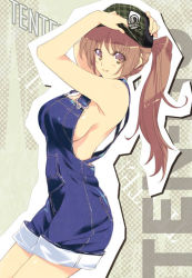 Rule 34 | 1girl, breasts, brown eyes, brown hair, character cutout, dead or alive, halftone, halftone background, hat, iizuki tasuku, kasumi (doa), large breasts, looking at viewer, naked overalls, no bra, overall shorts, overalls, ponytail, sideboob, solo, tecmo