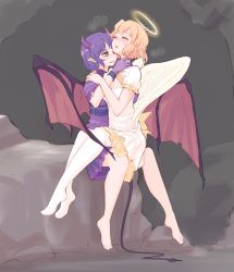 Rule 34 | 2girls, alternate costume, angel, angel and devil, angel wings, arms around neck, bare legs, barefoot, blush, breasts, breath, cleavage, cleavage cutout, clothing cutout, couple, demon girl, demon horns, demon tail, demon wings, dress, evil grin, evil smile, closed eyes, female focus, frilled dress, frilled skirt, frilled sleeves, frills, gloves, green eyes, grin, halo, hand on another&#039;s back, hand on another&#039;s neck, hand on another&#039;s shoulder, highres, hiwonoafu, horns, hug, kohinata miku, legs, light brown hair, looking at another, medium breasts, moaning, multiple girls, neck, neck grab, pointy ears, puffy short sleeves, puffy sleeves, purple dress, purple gloves, purple hair, purple horns, rock, senki zesshou symphogear, short dress, short hair, short sleeves, sitting, sitting on lap, sitting on person, sitting on rock, skirt, smile, tachibana hibiki (symphogear), tail, teeth, white dress, white legwear, wings, yuri