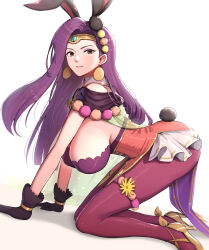 Rule 34 | 1girl, absurdres, all fours, animal ears, black gloves, breasts, capelet, closed mouth, commentary request, earrings, fake animal ears, fire emblem, fire emblem echoes: shadows of valentia, fire emblem heroes, from side, gloves, gonzarez, high heels, highres, jewelry, large breasts, leotard, lips, long hair, looking at viewer, makeup, nintendo, official alternate costume, pantyhose, polka dot, pom pom (clothes), purple hair, rabbit ears, rabbit tail, red eyes, see-through, shiny clothes, shiny skin, sideboob, simple background, solo, sonya (fire emblem gaiden), sonya (spring) (fire emblem), tail, thigh strap, white background