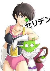 Rule 34 | 1boy, 1girl, antennae, armor, bald, black hair, blue eyes, breastplate, breasts, cleavage, colored skin, dende, dragon ball, dragonball z, gloves, green skin, height difference, leaning on person, leotard, midorimidorit, monkey tail, pointy ears, scouter, seripa, short hair, tail, white gloves
