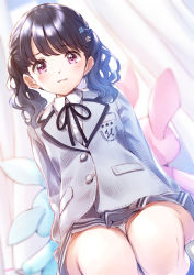 Rule 34 | 1girl, bashosho, black hair, black ribbon, black socks, blazer, blue flower, blush, closed mouth, collared shirt, commentary request, dutch angle, feet out of frame, flower, fukumaru koito, grey jacket, grey skirt, hair flower, hair ornament, highres, idolmaster, idolmaster shiny colors, jacket, kneehighs, looking at viewer, neck ribbon, panties, pleated skirt, purple eyes, ribbon, shirt, sitting, skirt, socks, solo, stuffed animal, stuffed rabbit, stuffed toy, twintails, underwear, wavy mouth, white flower, white panties, white shirt