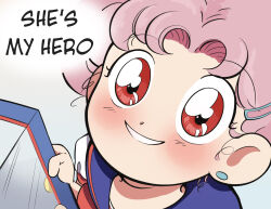 Rule 34 | 1girl, absurdres, bishoujo senshi sailor moon, box, chibi usa, commentary, earrings, english commentary, english text, hair ornament, hairclip, highres, holding, holding box, jewelry, mercuri0ff, pink hair, red eyes, school uniform, serafuku, smile, solo, stud earrings