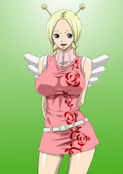 Rule 34 | 1girl, angel wings, antennae, arms behind back, belt, blonde hair, blue eyes, braid, breasts, conis (one piece), dress, female focus, highres, large breasts, legs, long hair, looking at viewer, nel-zel formula, one piece, open mouth, simple background, smile, solo, standing, thighs, twin braids, wings, zipper