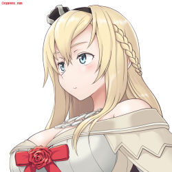 Rule 34 | 1girl, black hairband, blonde hair, blue eyes, blush, braid, breasts, cleavage, closed mouth, crown, cypress, dress, flower, french braid, hair between eyes, hairband, jewelry, kantai collection, large breasts, long hair, mini crown, necklace, off-shoulder dress, off shoulder, portrait, red flower, red ribbon, red rose, ribbon, rose, simple background, smile, solo, twitter username, warspite (kancolle), white background, white dress