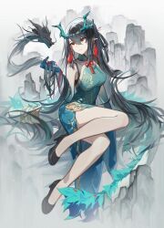 Rule 34 | 1girl, arknights, bare shoulders, black footwear, black hair, blue dress, breasts, closed mouth, commentary request, dragon girl, dragon horns, dragon tail, dress, dusk (arknights), earrings, full body, grey background, hair between eyes, high heels, highres, horns, jewelry, lettereast, long hair, looking to the side, medium breasts, pelvic curtain, pointy ears, red eyes, shoes, simple background, sleeveless, sleeveless dress, solo, tail, thighs, very long hair