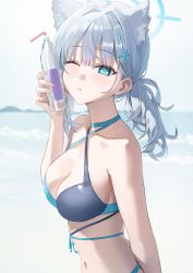 Rule 34 | 1girl, absurdres, alternate costume, animal ear fluff, animal ears, bare shoulders, bikini, blue archive, blue bikini, blue eyes, blue halo, blurry, blurry background, blush, bottle, bottle to cheek, breasts, cleavage, commentary request, cross, cross hair ornament, extra ears, hair ornament, halo, hido88, highres, holding, holding bottle, inverted cross, korean commentary, looking at viewer, medium breasts, navel, ocean, official alternate hairstyle, one eye closed, outdoors, ponytail, shiroko (blue archive), solo, swimsuit, upper body, wolf ears, wolf girl